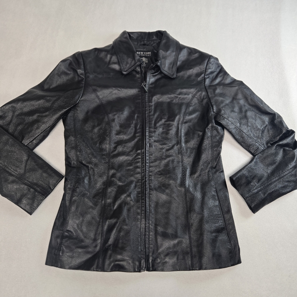 New York & Company Women's Black Leather Zip Jacket Size S, Pockets